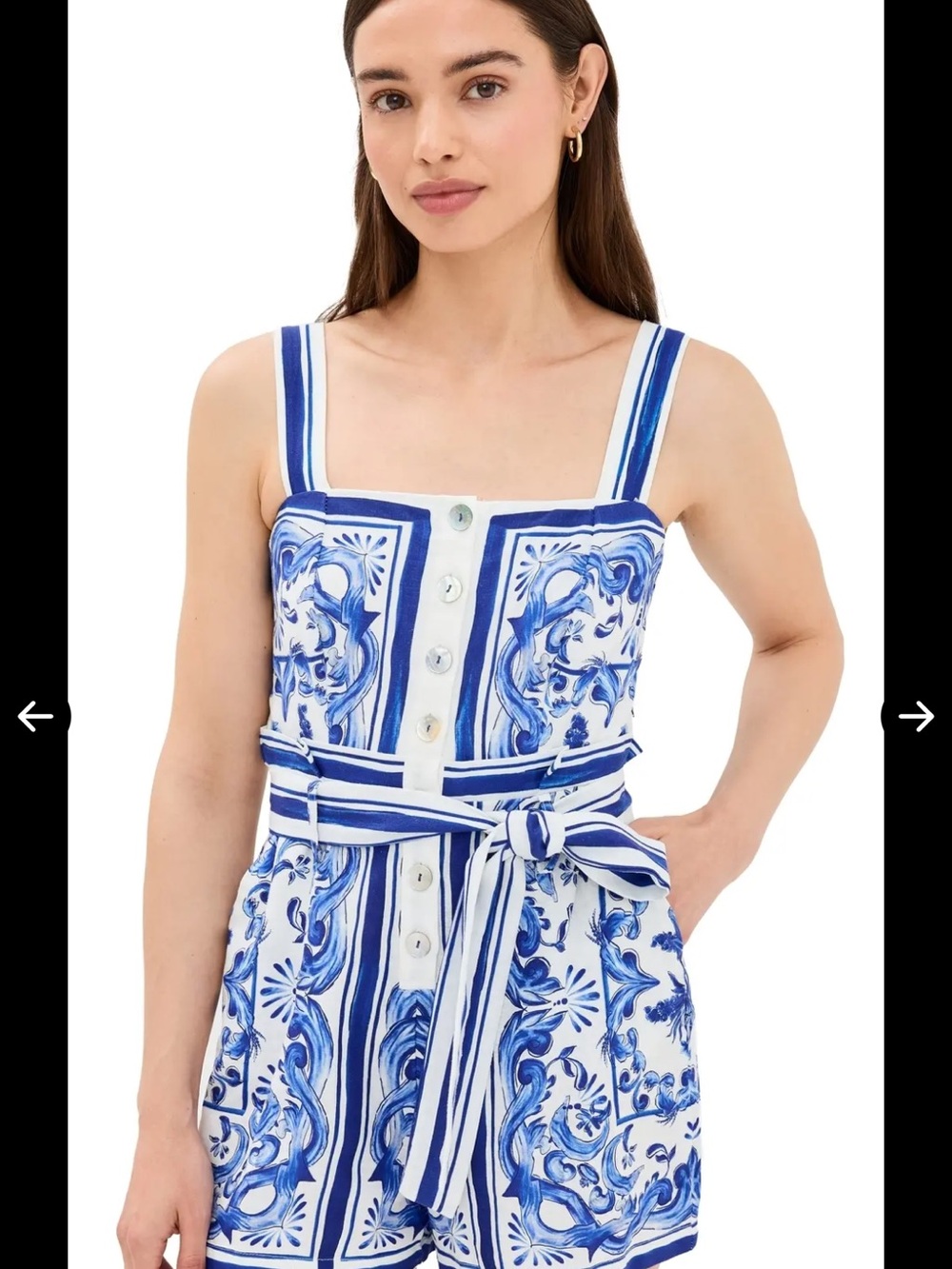 FARM Rio Blue & White Printed Square-Neck Romper with Tie Waist
